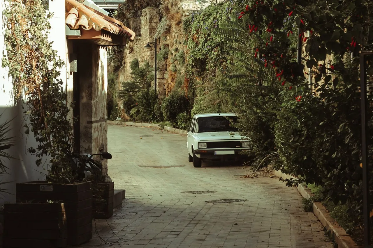 A narrow paved lane between ivy-covered walls with a small white car parked near the far end